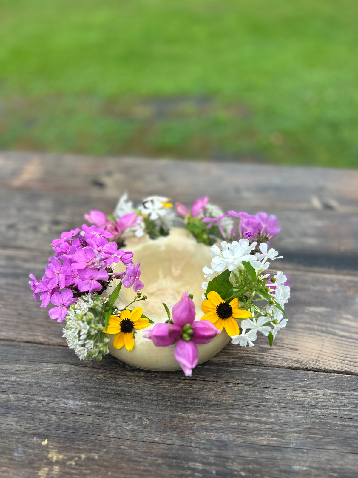 Double-walled flower frog vase bowl - large - yellow